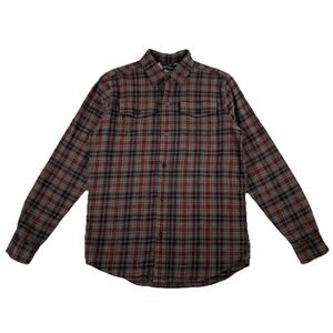 PLADRA Flannel Button Up Shirt Seals Flip Cuff‎ Gray Orange Plaid Men's Medium